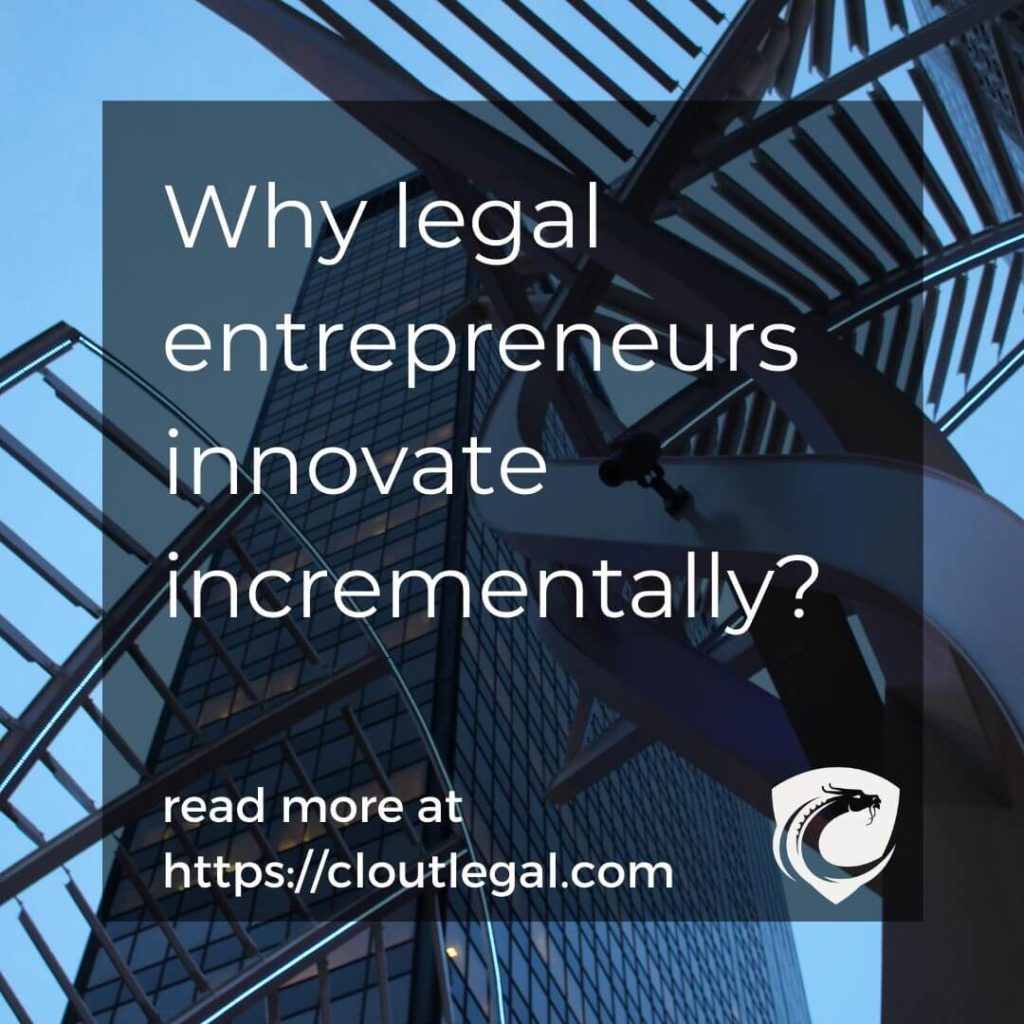 An image of a skyscraper overlaid with the words Why legal entrepreneurs innovate incrementally and the CloutLegal logo.
