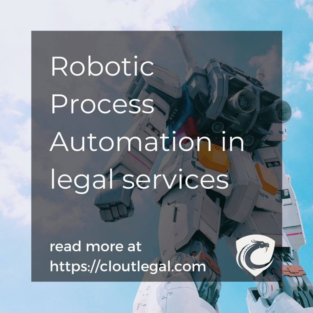 An image of a back of a robot and the bright sky overlaid with the words Robotic Process Automation in legal services and the CloutLegal logo.